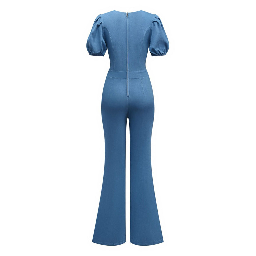 Light Blue 1970s Denim Puff Sleeve Cut-out Jumpsuit