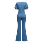 Light Blue 1970s Denim Puff Sleeve Cut-out Jumpsuit