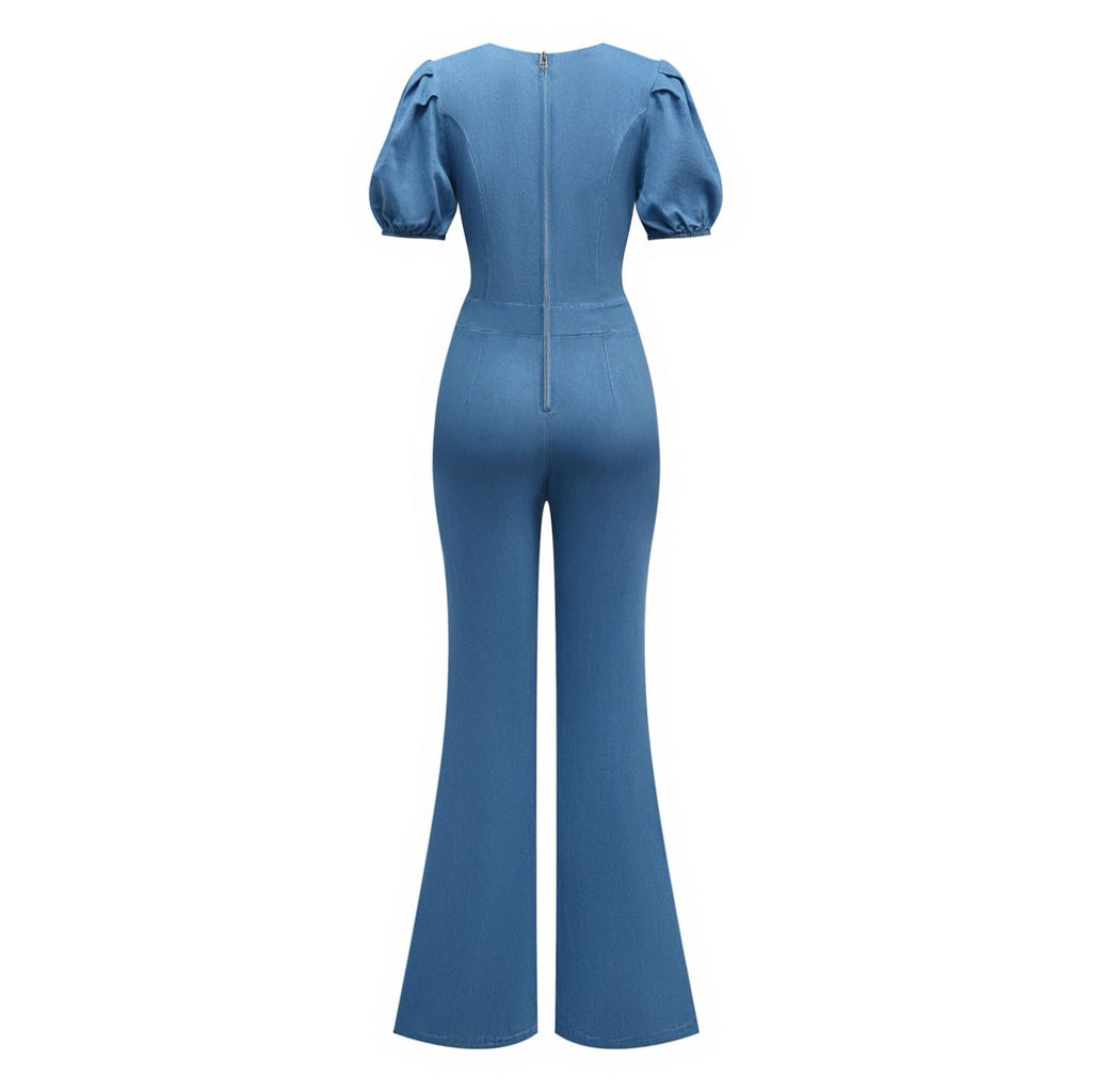 Light Blue 1970s Denim Puff Sleeve Cut-out Jumpsuit
