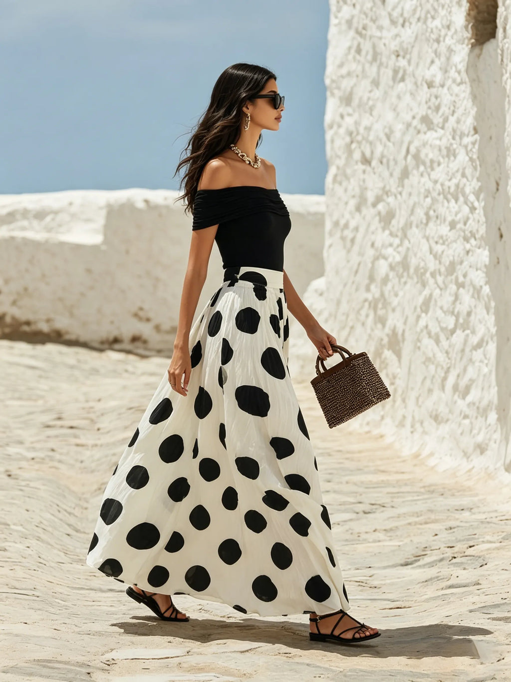 Vacation-Style Off-Shoulder Short-Sleeve Polka-Dot Chiffon Maxi Dress