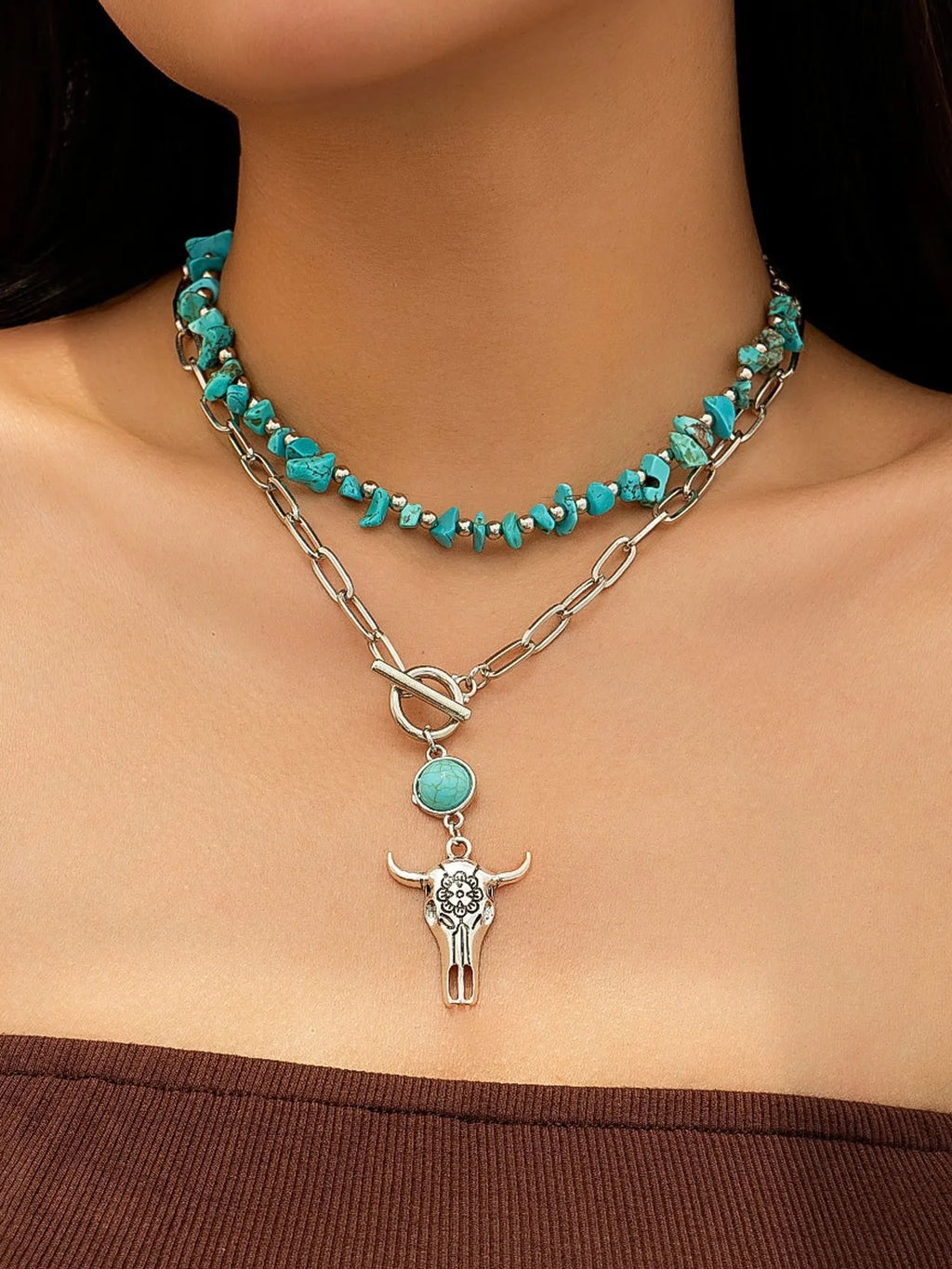 Vintage Western Layered Necklace, Women's Turquoise Bull Skull Pendant Set