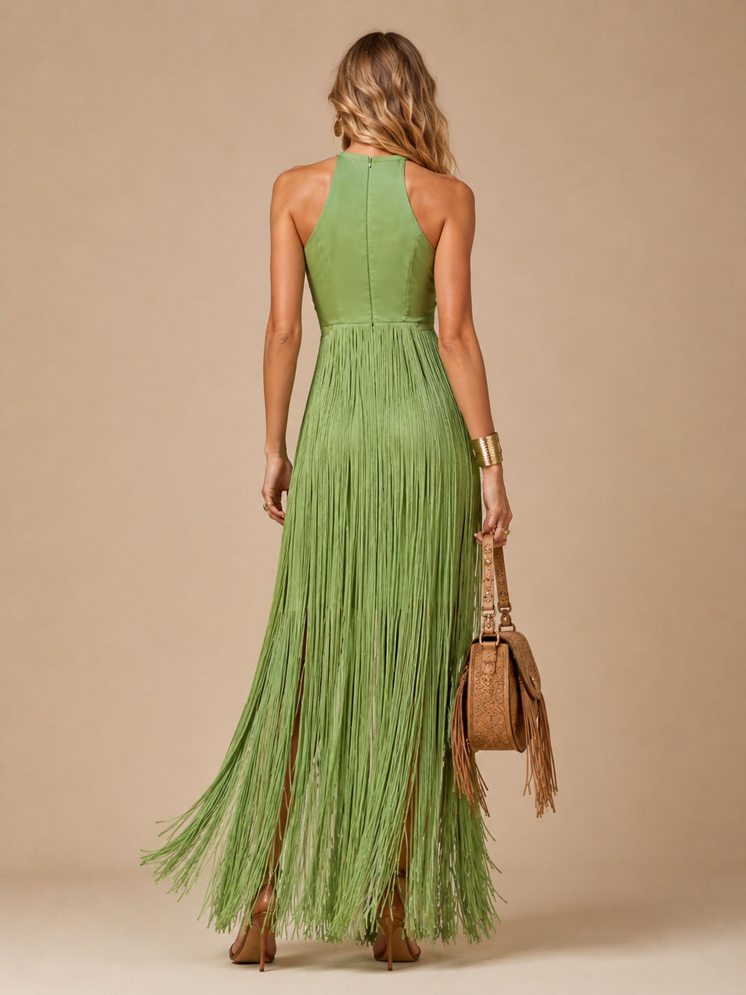 Perfect for Fall Western-Themed Weddings — Cream Fringe Halter Slim Vacation Maxi Dress(No Belt)