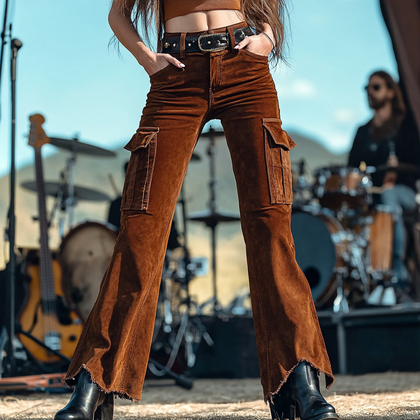 Cowboy Carter Outfits Women's Brown Corduroy Flare Pants With Cargo Pockets