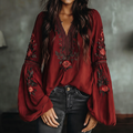 Linen Bohemian Embroidered Top Women's Loose Long Sleeve Peasant Blouse Ethnic Vintage Style Summer Casual Shirt