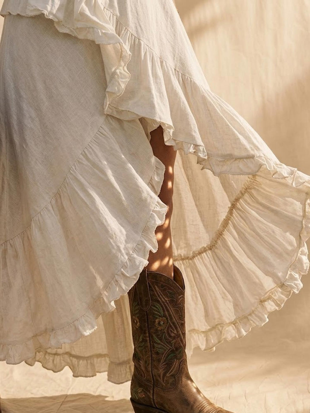 Desert Vacation Essential — Ivory White V-Neck Ruffle Trim Tencel High-Low Sleeveless Dress