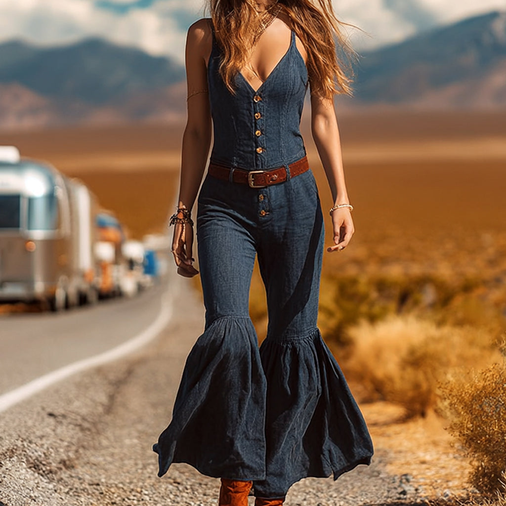 Women's Western Cowboy Style Outdoor Denim Jumpsuit With Flared Legs