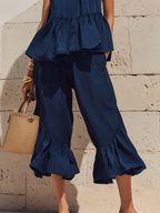 Chic Vacation Dark Blue Sleeveless Ruffled Top And Cropped Pants Set