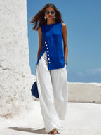 Retro-style Button-down Sleeveless Top And Linen Wide-leg Pants Set