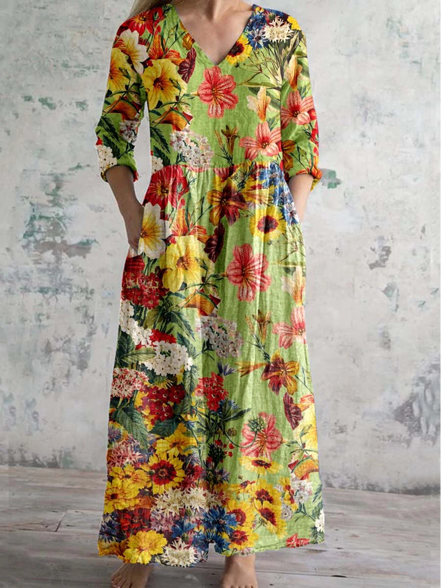 Elegantes V-Ausschnitt Blumenmuster Kleid aus Baumwolle und Leinen für Damen