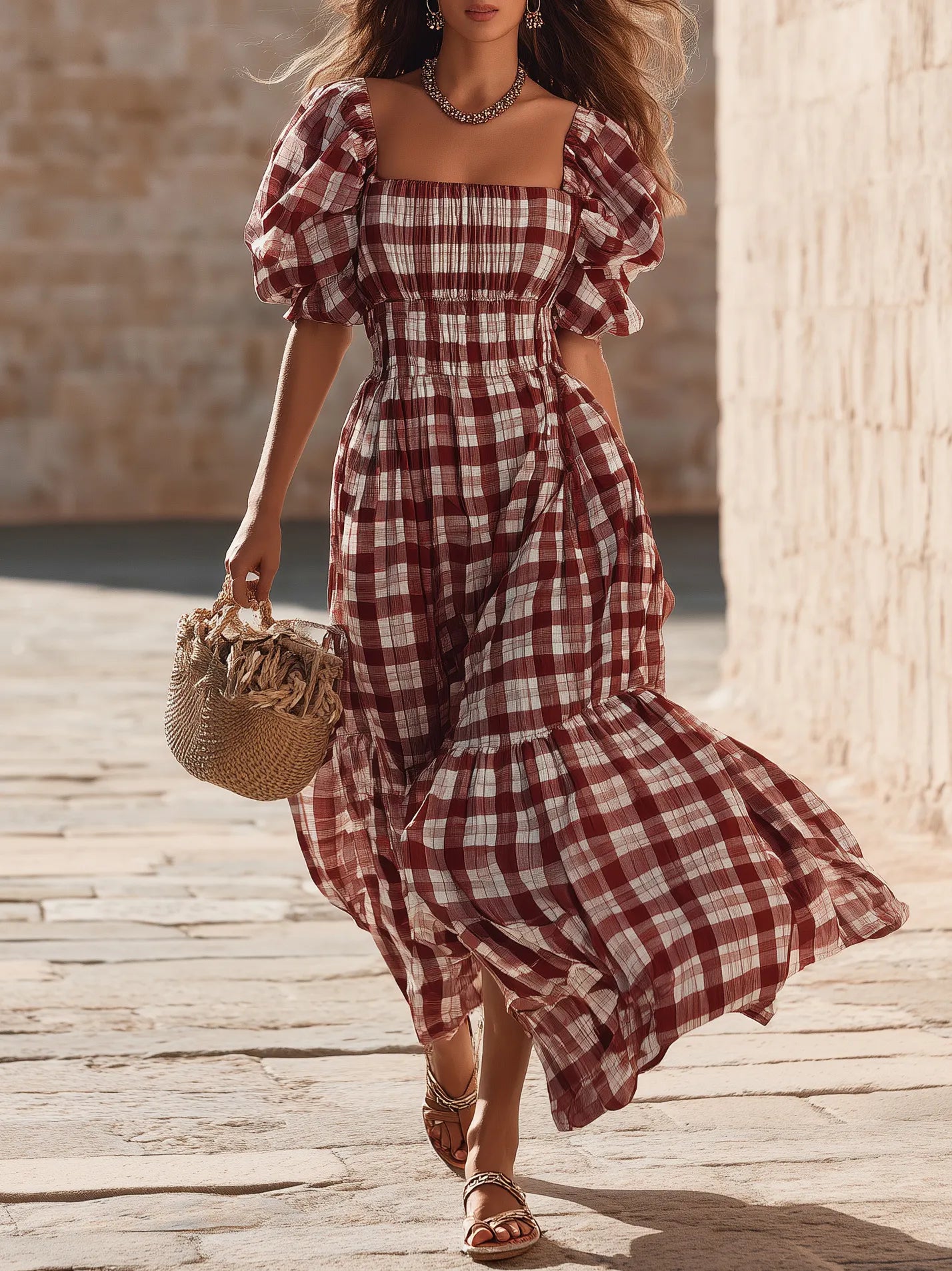 Cottagecore Burgundy Gingham Square Neck Puff Sleeve Tiered Midi Dress