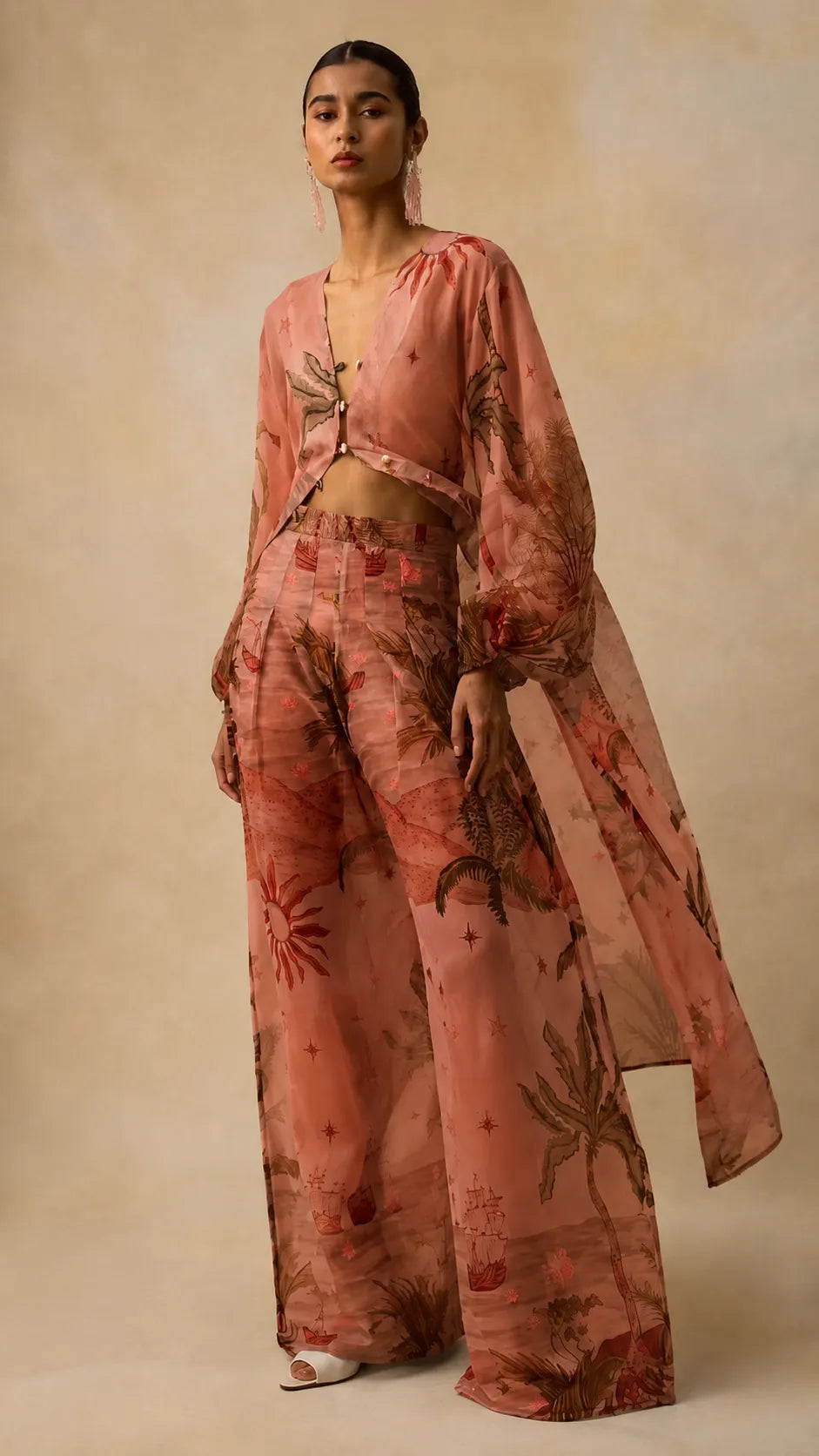 Boho Chic Tropical Print Pants Set - Asymmetric Cape & Wide Leg Pants Co-ord