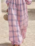 Resort-style Off-the-shoulder Plaid Print Long-sleeved Maxi Dress