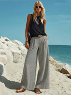 Casual vacation black and white striped wide-leg pants