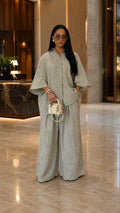 Textured Button-Up Cover-Up Set - Oversized Kimono Sleeve Top & Wide Leg Pants Co-ord