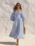 Coastal Chic Off-Shoulder Short-Sleeve Blue And White Striped Maxi Dress