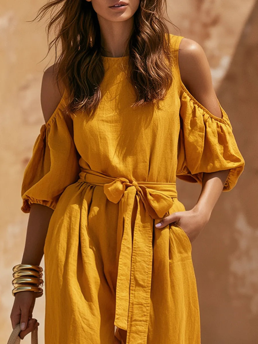 Old Money Off-Shoulder Short-Sleeve Yellow Cotton-Linen Jumpsuit