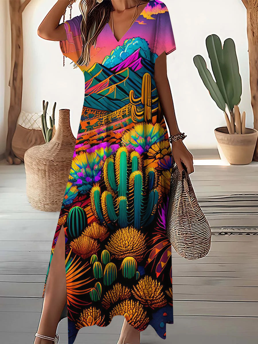 Damen V-Ausschnitt Kaktus Berg Landschaft Kunstdruck Kleid