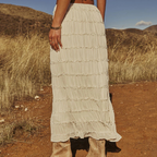 Western Spring Outfits Chiffon Pleated Maxi Skirt With Tassel Trim Boho Style Flowy Long Skirt