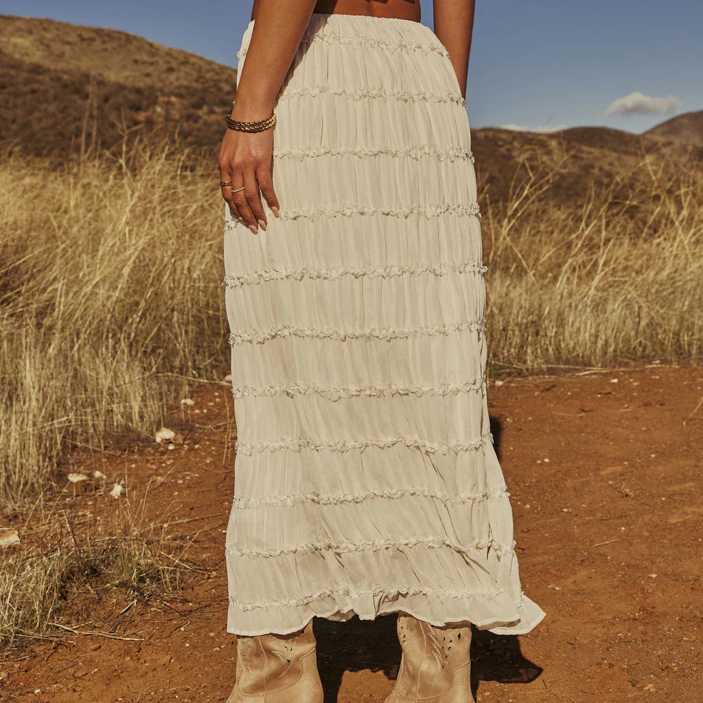 Western Spring Outfits Chiffon Pleated Maxi Skirt With Tassel Trim Boho Style Flowy Long Skirt