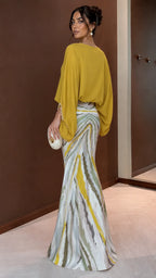 Boho Chic Color Block Maxi Dress - Oversized Top & Mermaid Printed Skirt Set with Bracelet Sleeves