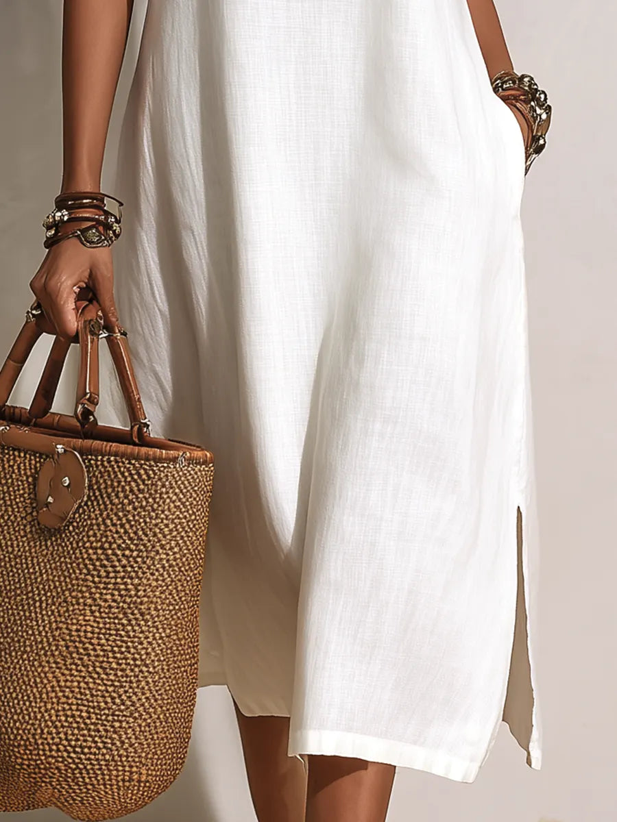 Vacation-style Short-sleeve Button-front Midi Dress