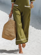 Old Money Contrast Trim Green Collared Jumpsuit