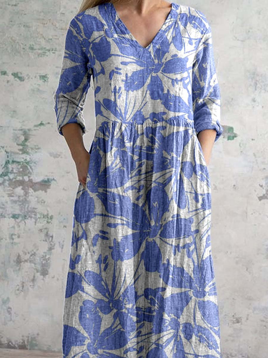 Damen Baumwollkleid mit V-Ausschnitt und Blumenmuster
