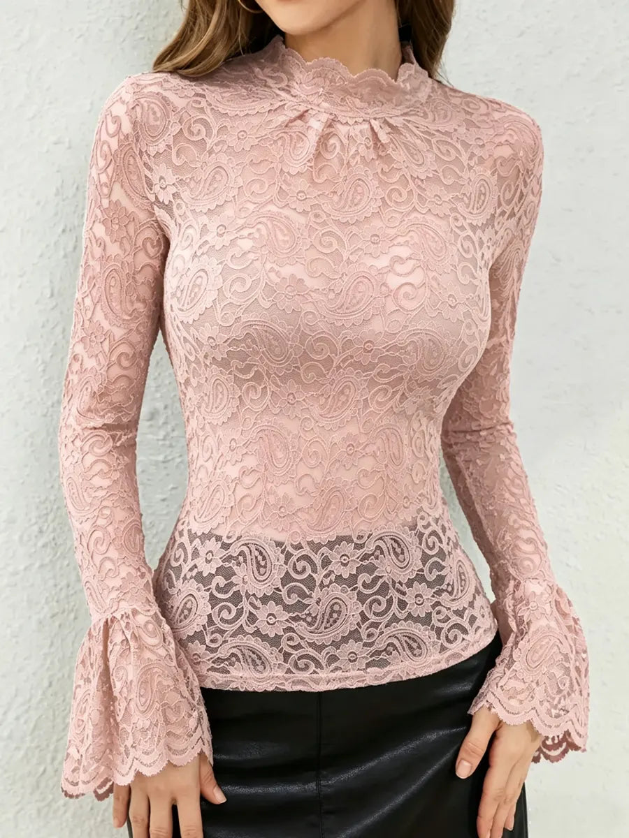 Women's Sexy Lace Trim Bell Sleeve Top