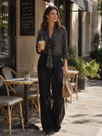 Effortless Glam Satin Polka-Dot Bow-Front Long-Sleeve Black Blouse