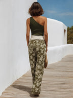 Tropical Beach Olive Rib Knit One Shoulder Spliced Waist Floral Wide Leg Two-Piece Set