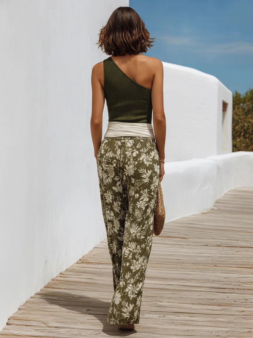 Tropical Beach Olive Rib Knit One Shoulder Spliced Waist Floral Wide Leg Two-Piece Set