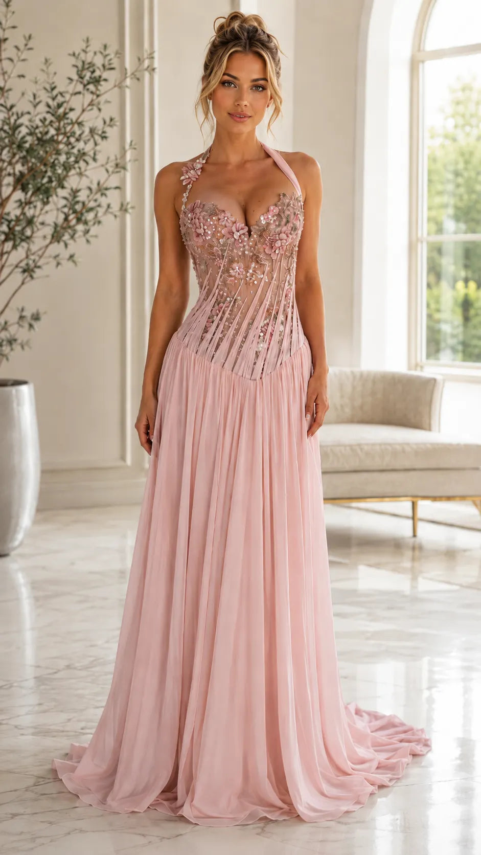 Floral Appliqué Halter Corset Evening Gown with Pleated Skirt