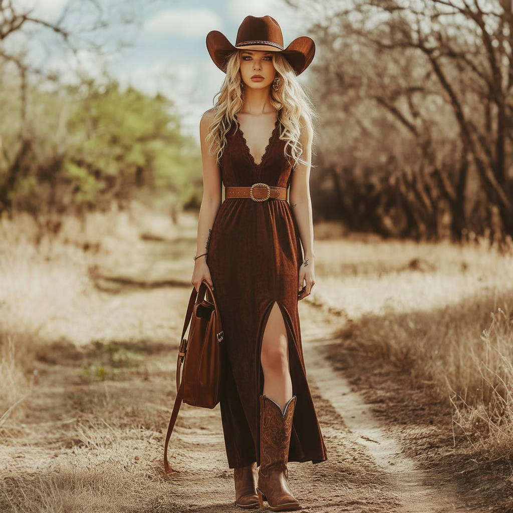 Western Retro Suede Lace V-neck Slit Maxi Dress