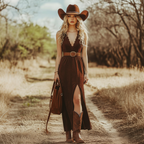 Western Retro Suede Lace V-neck Slit Maxi Dress