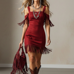 Women's Western Suede Mini Dress: Square Neck, Spaghetti Straps, Cinched Waist, And Fringe Trim (Rice Wine Red)