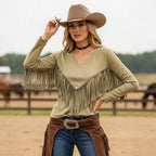 Women's Vintage Western Cowgirl Tassel Khaki V-Neck Long-Sleeve T-Shirt