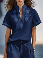Resort-style V-neck Embroidered Short-sleeve Top And Trousers Set