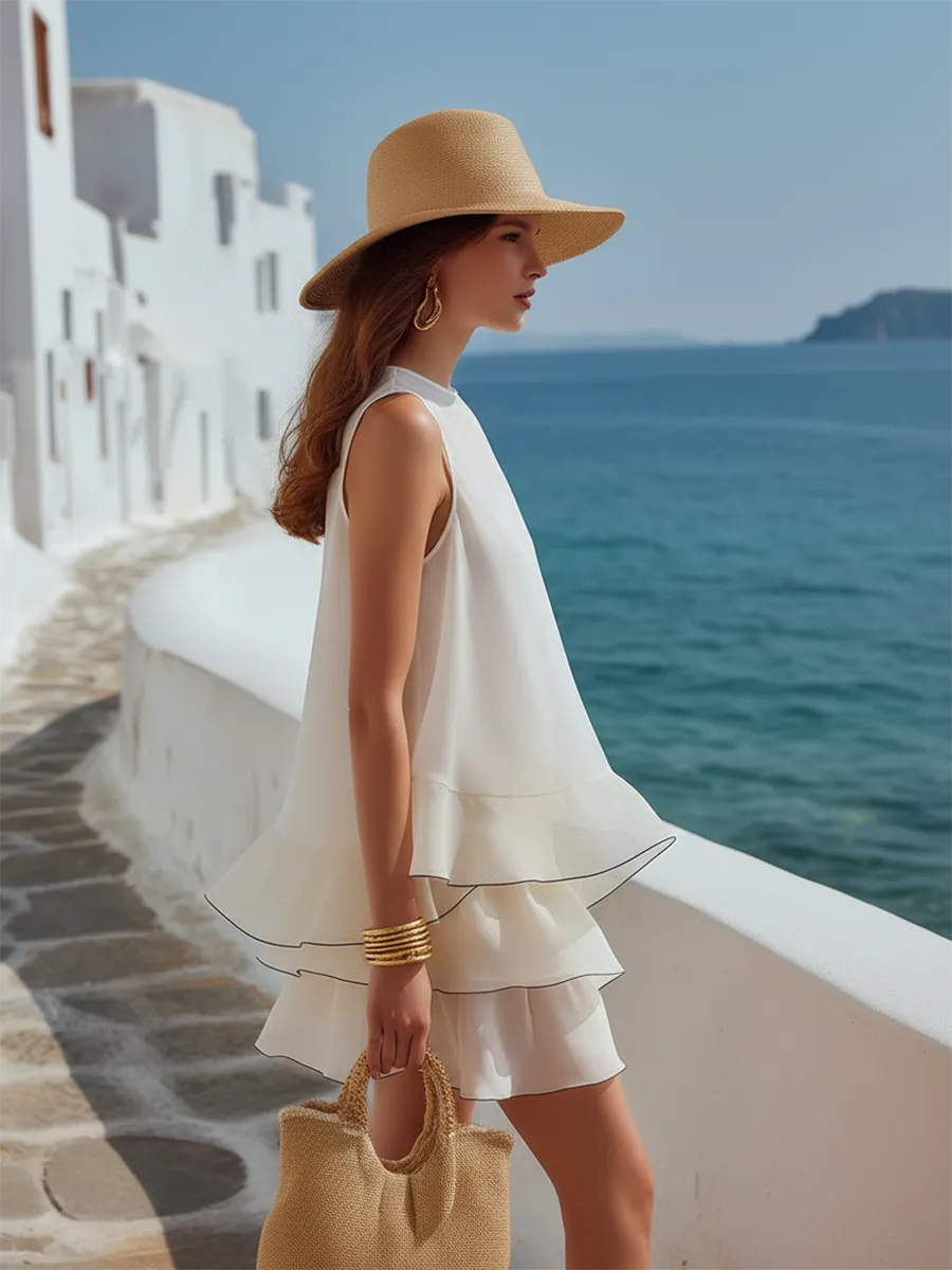 Simple And Elegant Black-trimmed Sleeveless Mesh Top And Skirt Set