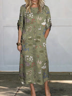 Spring Pond And Animal Pattern Printed Women's Comfortable Linen Pocket Dress