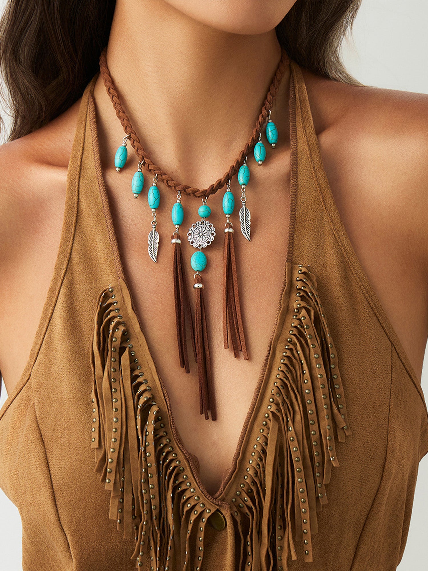 Ideal For Music Festivals Or Wilderness Shoots — Vintage Coffee Braided Leather & Turquoise Inlay Dynamic Feather Tassels Handcrafted Boho Chic Necklace