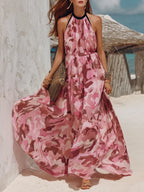 Pink Camo Print Sleeveless Crew-Neck Chiffon Maxi Dress