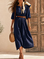 Retro-style Vacation Solid Color Cotton And Linen Midi Dress