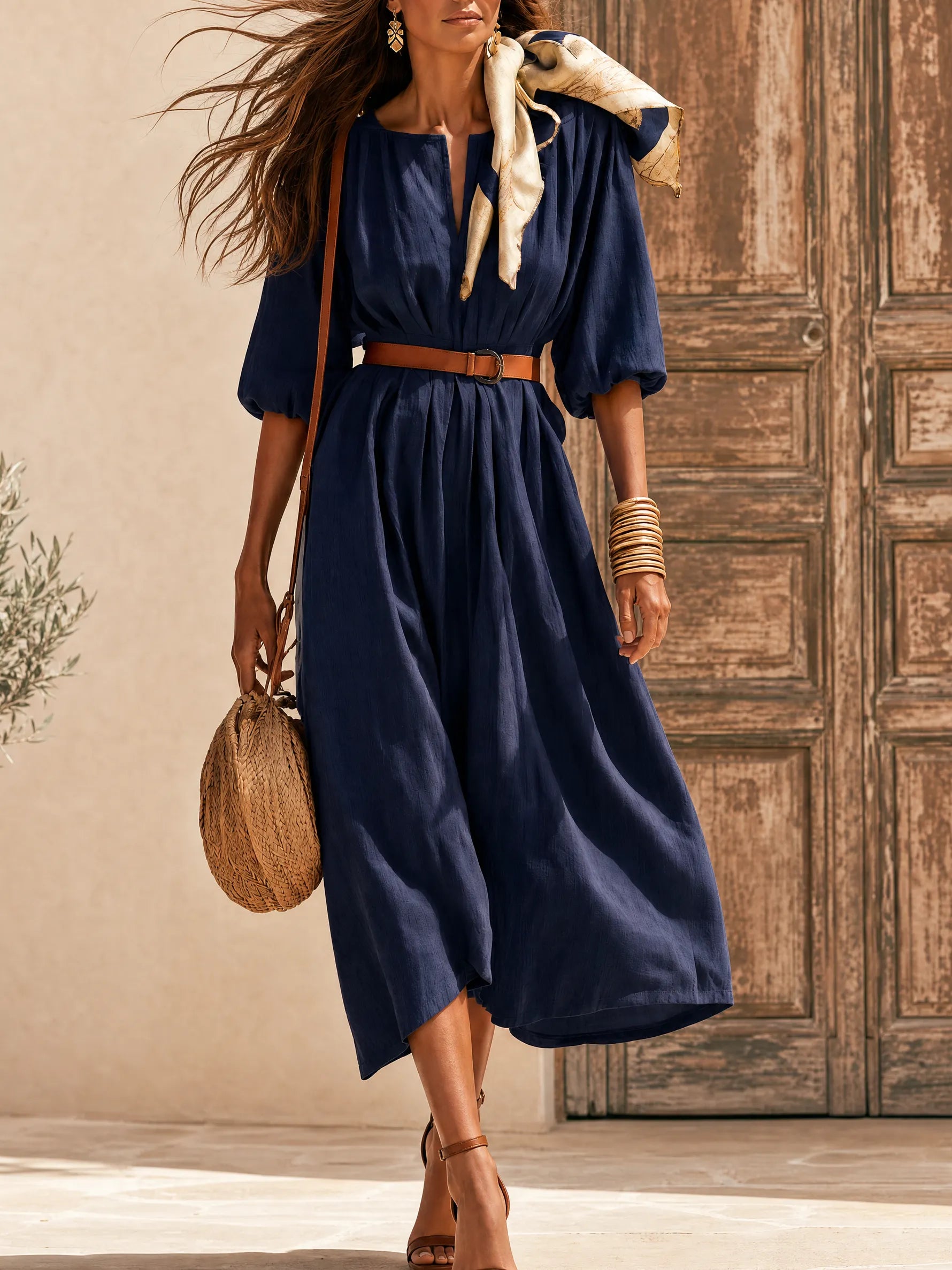 Retro-style Vacation Solid Color Cotton And Linen Midi Dress