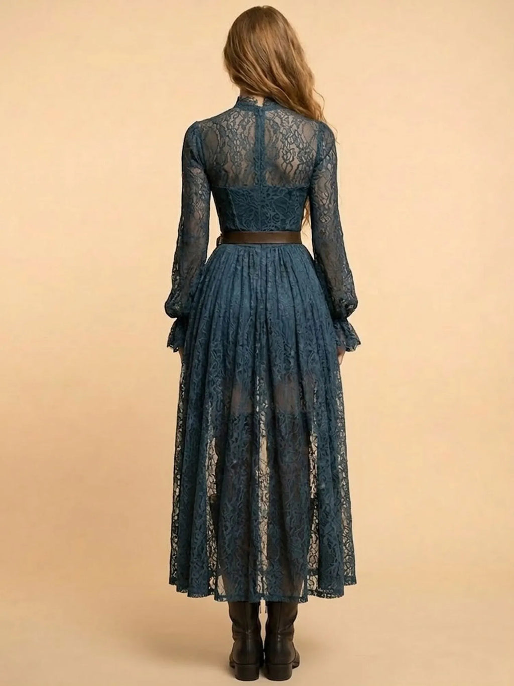 Women's Vintage Western Teal Lace High Low Dress Long Bell Sleeve High Neck Gothic Boho Maxi Dress