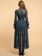 Women's Vintage Western Teal Lace High Low Dress Long Bell Sleeve High Neck Gothic Boho Maxi Dress