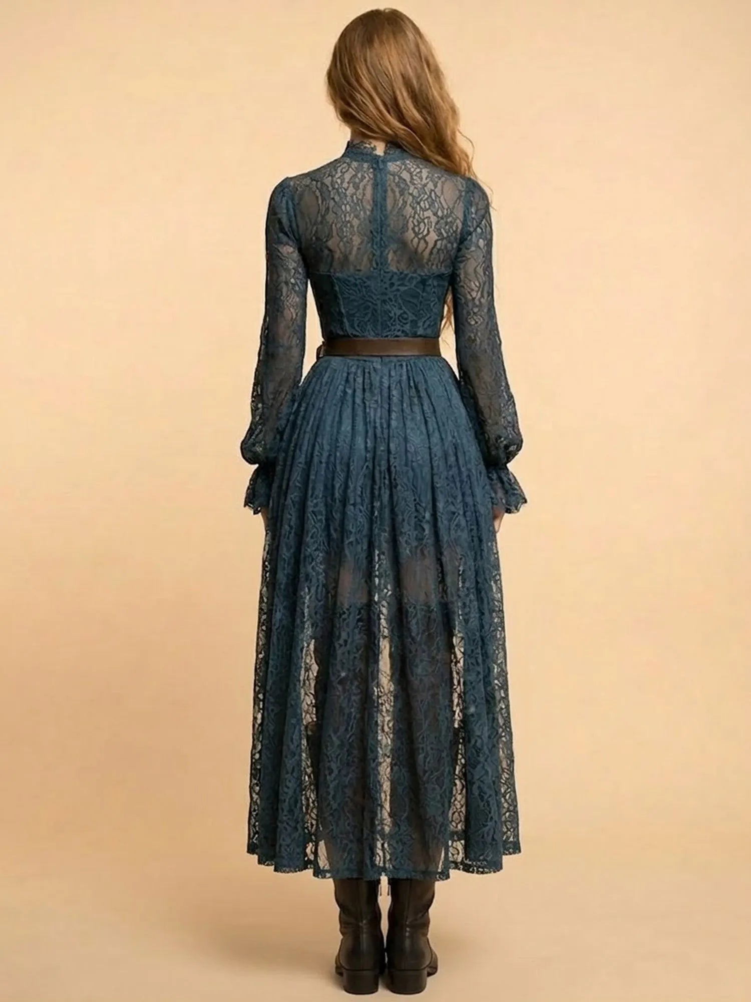 Women's Vintage Western Teal Lace High Low Dress Long Bell Sleeve High Neck Gothic Boho Maxi Dress