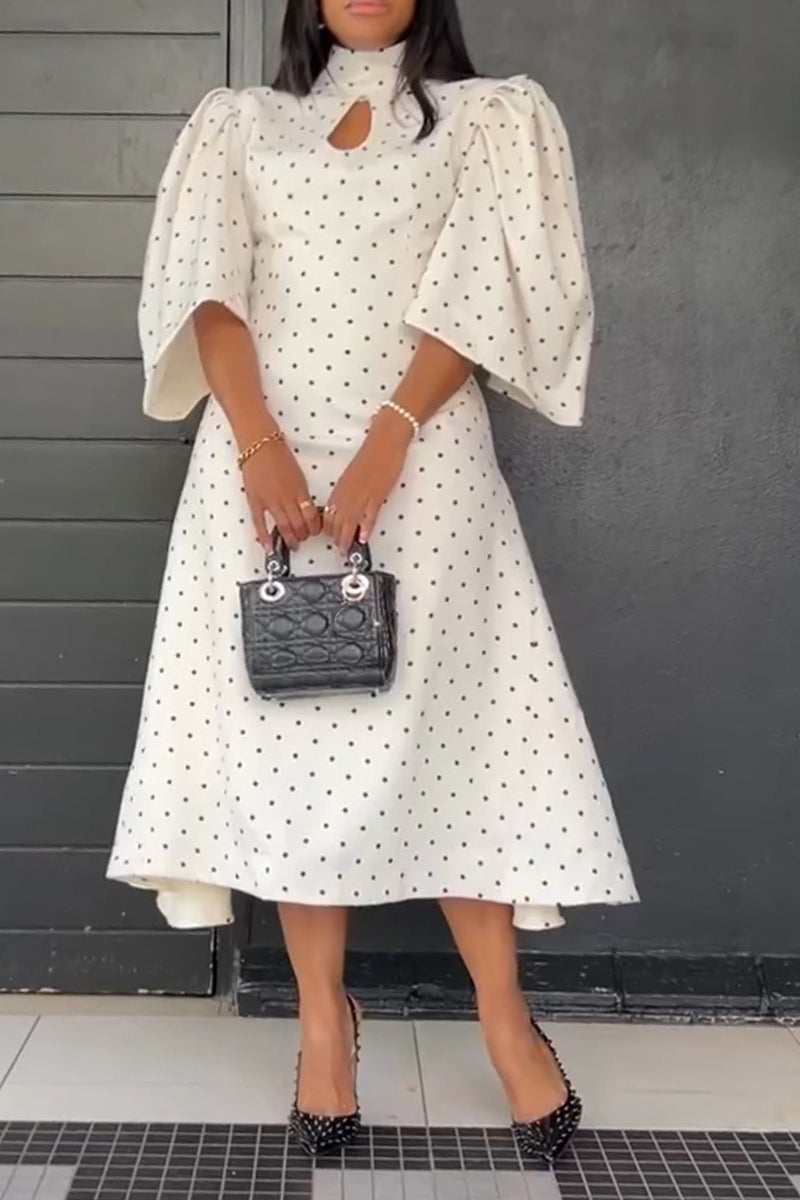 Women's Elegant Puff Sleeve A-Line Polka Dot Dress