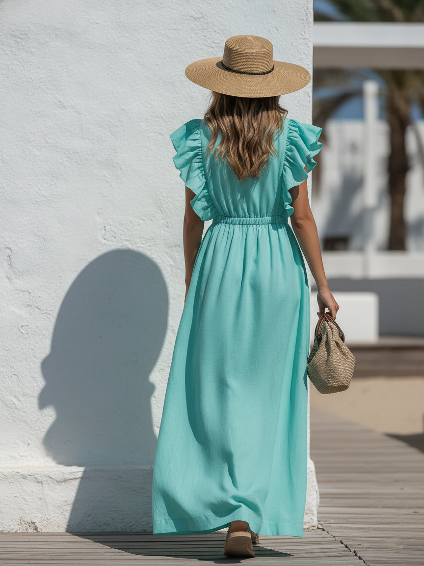 Capri Vibe Turquoise Linen Blend Ruffle Sleeve Maxi Dress
