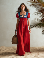 Vacation-style Short-sleeve Square-neck Button-front Maxi Dress