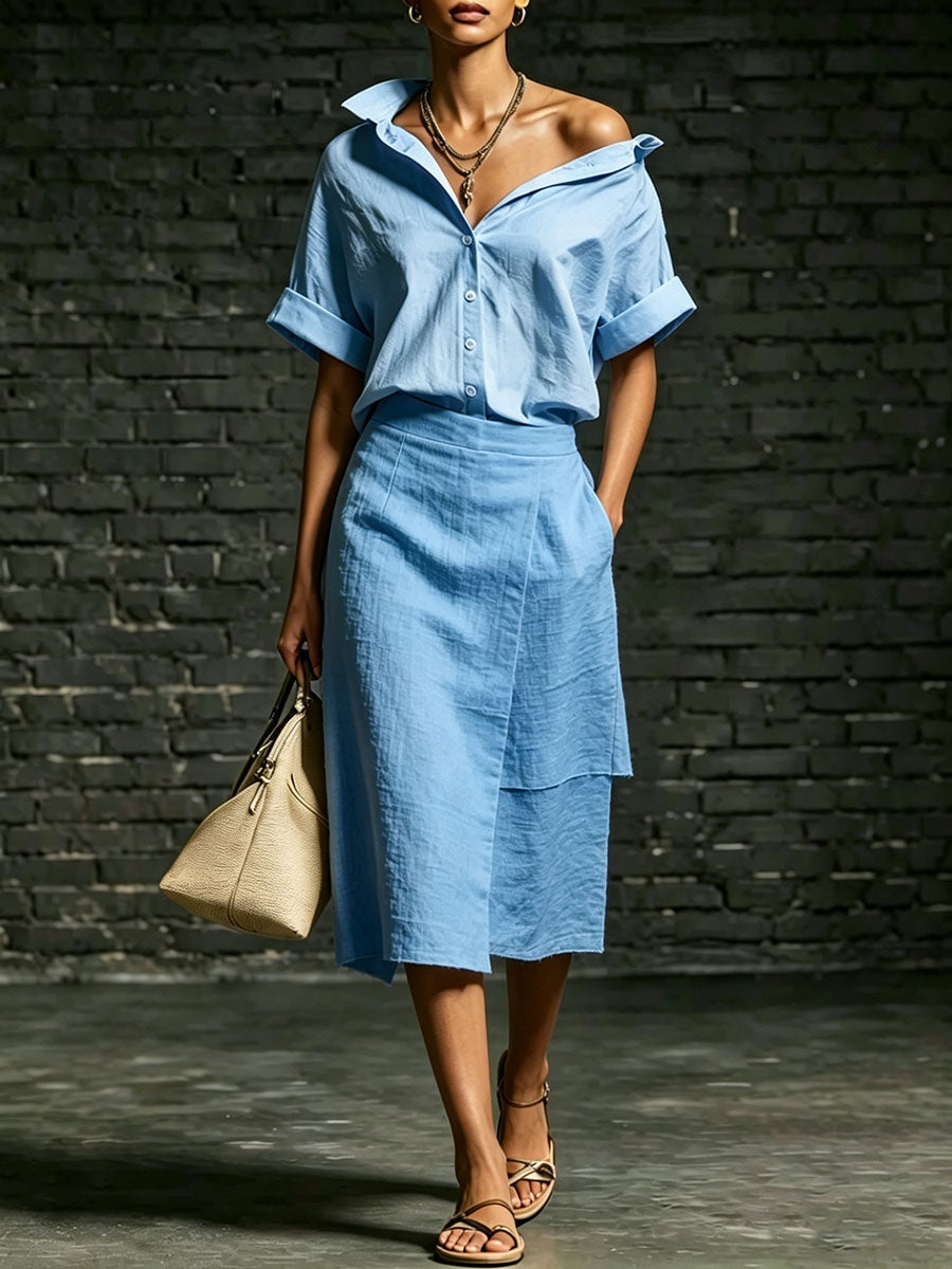 Women's Solid-color Casual Lapel Short-sleeve Shirt And Skirt Set